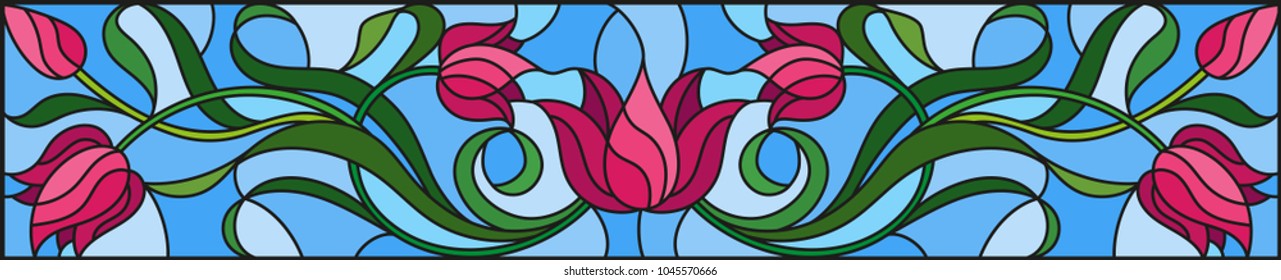 Illustration in stained glass style with flowers, leaves and buds of pink tulips on a blue background, symmetrical image, horizontal orientation