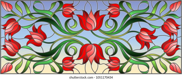 Illustration in stained glass style with flowers, leaves and buds of red tulips on a blue background, symmetrical image, horizontal orientation