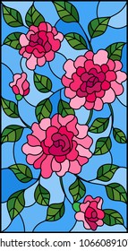 Illustration in stained glass style with flowers, buds and leaves of  pink roses on a blue background 