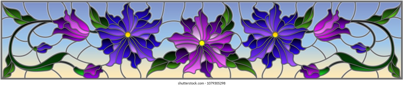 Illustration in stained glass style with flowers, leaves and buds of purple flowers on a sky background, symmetrical image, horizontal orientation