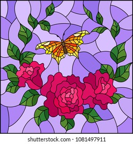 Illustration in stained glass style with  flowers and leaves of  pink rose, and orange butterfly ,square picture