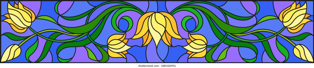 Illustration in stained glass style with flowers, leaves and buds of yellow tulips on a blue background, symmetrical image, horizontal orientation