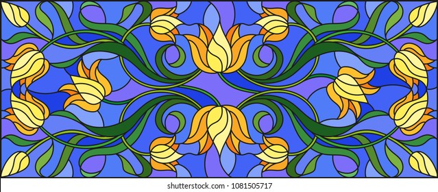 Illustration in stained glass style with flowers, leaves and buds of yellow tulips on a blue background, symmetrical image, horizontal orientation