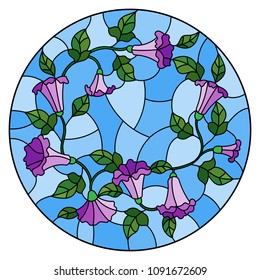 Illustration in stained glass style flowers loach, purple flowers and leaves on blue background,round picture
