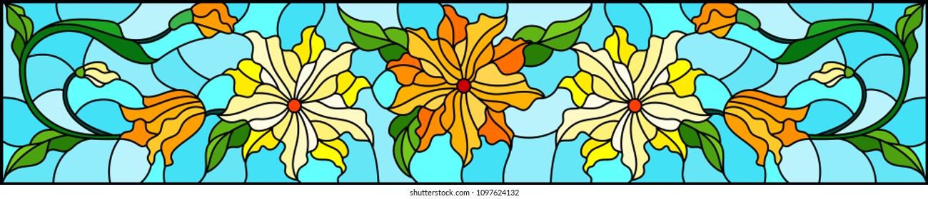 Illustration in stained glass style with flowers, leaves and buds of yellow  flowers on a blue background, symmetrical image, horizontal orientation