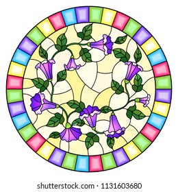 Illustration in stained glass style flowers loach, purple flowers and leaves on yellow background,round picture in bright frame