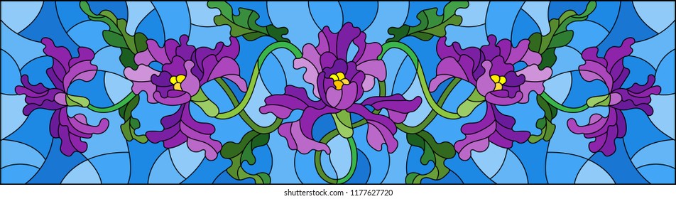 Illustration in stained glass style with flowers and leaves of purple iris flower on blue background, horizontal image