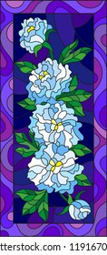 Illustration in stained glass style with flowers, buds and leaves of  white peonies on a blue background in bright frame,vertical orientation