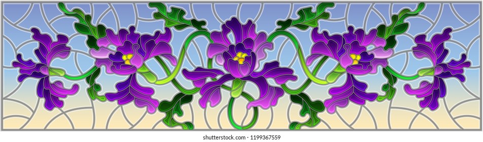 Illustration in stained glass style with flowers and leaves of purple iris flower on blue background, horizontal image