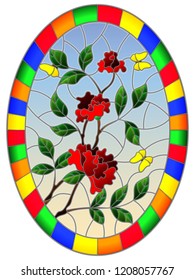 Illustration in stained glass style with flowers  , leaves of  rose and butterflies on the sky background,oval picture frame in bright