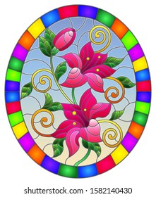 Illustration in stained glass style with flowers and leaves  of lilies on a blue background, oval image in bright frame