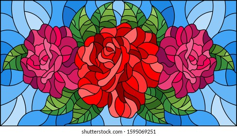 Illustration in stained glass style with flowers, buds and leaves of  roses on a blue background 