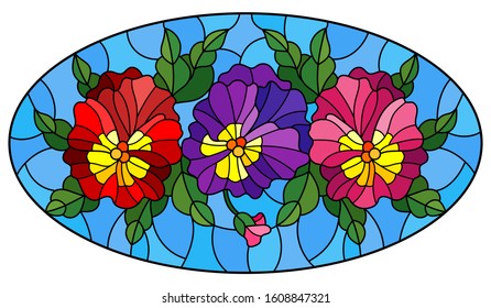 Illustration in stained glass style with flowers, buds , leaves and flowers of pansy, oval image