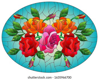 Illustration in stained glass style with flowers, buds and leaves of  roses on a blue background , oval image 