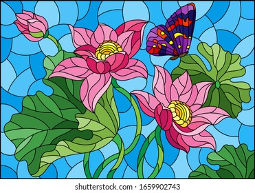 Illustration in stained glass style with flowers, buds and leaves of a pink Lotus and a butterfly on a blue sky background