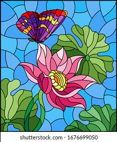 Illustration in stained glass style with flowers, buds and leaves of a pink Lotus and a butterfly on a blue sky background