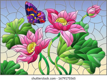 Illustration in stained glass style with flowers, buds and leaves of a pink Lotus and a butterfly on a blue sky background