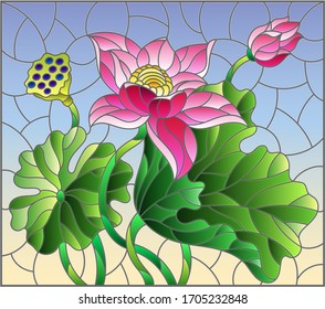 Illustration in stained glass style with flowers, buds and leaves of a pink Lotus  on a blue sky background