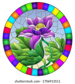 Illustration in stained glass style with flowers, buds and leaves of a purple Lotus  on a blue sky background