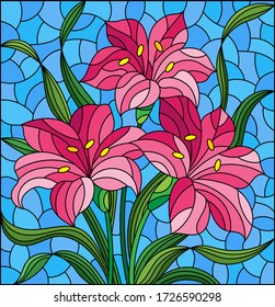 Illustration in stained glass style with flowers and leaves  of lilies flowers on a blue background