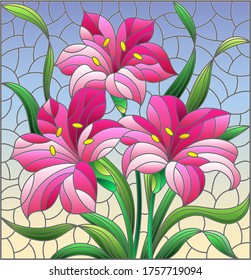 Illustration in stained glass style with flowers and leaves  of lilies flowers on a blue background