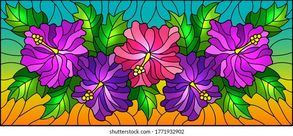 Illustration in stained glass style with flowers and leaves  of hibiscus on a blue background