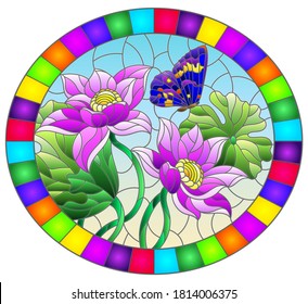 Illustration in stained glass style with flowers, buds and leaves of a pink Lotus and a butterfly on a blue sky background, oval image in bright frame