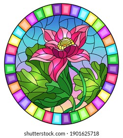 Illustration in stained glass style with flowers, buds and leaves of a pink Lotus on a sky  background