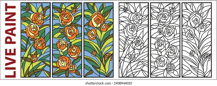 Illustration in stained glass style with flowers and rose leaves in a frame 