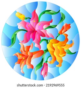 Illustration in stained glass style with flowers and leaves  of lilies on a blue background, oval image