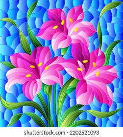 Illustration in stained glass style with flowers and leaves  of lilies flowers on a blue background