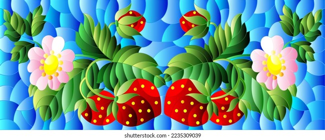 Illustration in stained glass style with flowers, berries and leaves of strawberry on a blue background