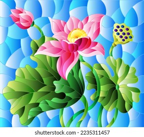 Illustration in stained glass style with flowers, buds and leaves of a pink Lotus  on a blue sky background