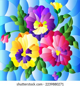 Illustration in stained glass style with flowers, buds , leaves and flowers of pansy on a blue background