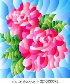 Illustration in stained glass style with flowers and leaves of  rose on blue background in a bright a frame