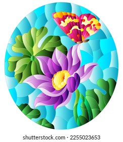 Illustration in stained glass style with flowers, buds and leaves of a purple Lotus and a butterfly on a blue sky background, oval image in bright frame