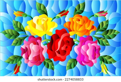 Illustration in stained glass style with flowers, buds and leaves of  roses on a blue background 