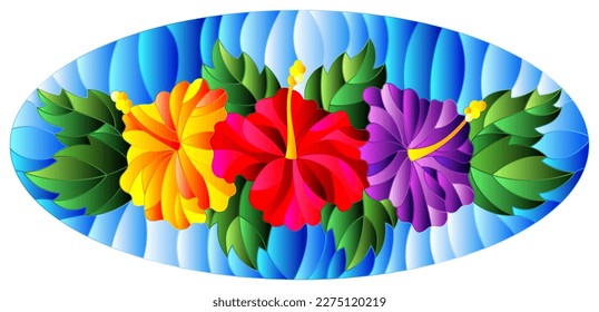 Illustration in stained glass style with flowers and leaves  of hibiscus on a blue background, oval image