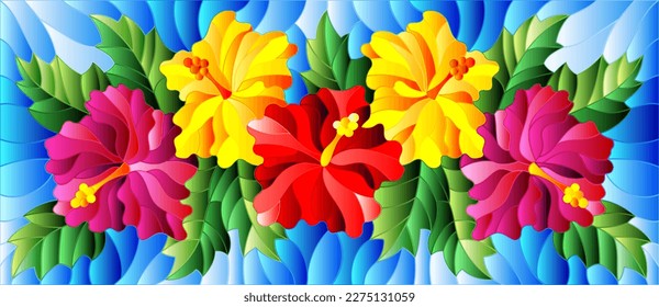 Illustration in stained glass style with flowers and leaves  of hibiscus on a blue background