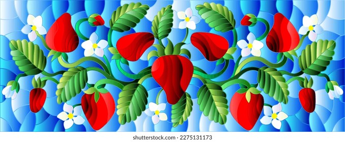 Illustration in stained glass style with flowers, berries and leaves of strawberry on a blue background