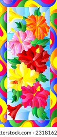 Illustration in stained glass style with flowers and leaves  of hibiscus on a blue background, in a bright frame