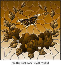 Illustration in stained glass style with flowers and leaves of  rose, and butterfly ,square picture,tone brown