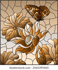 Illustration in stained glass style with flowers, buds and leaves of a Lotus and a butterfly, tone brown