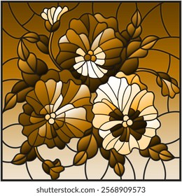 Illustration in stained glass style with flowers, buds , leaves and flowers of pansy, tone brown