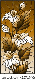 Illustration in stained glass style with flowers, buds and leaves of  Calla flower, tone brown