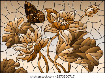 Illustration in stained glass style with flowers, buds and leaves of a Lotus and a butterfly, tone brown