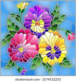 Illustration in stained glass style with flowers, buds , leaves and flowers of pansy on a blue background