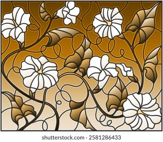 Illustration in stained glass style flowers loach, white flowers and leaves, tone brown