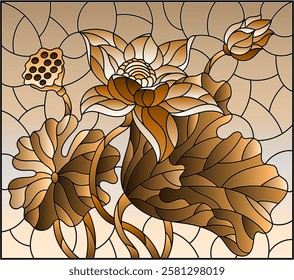 Illustration in stained glass style with flowers, buds and leaves of a  Lotus, tone brown