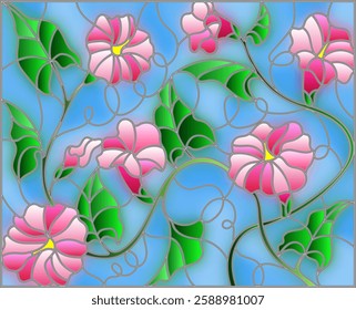 Illustration in stained glass style flowers loach, pink flowers and leaves on blue  background